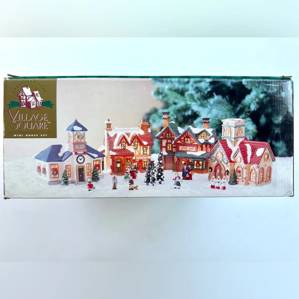 MERVYN’S Village square Mini House Set Porcelain Vintage Christmas Decor, Lights